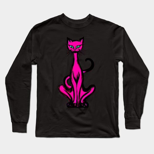 Retro 1970's Funky Groovy Hot Pink Jazz Cat Cartoon Long Sleeve T-Shirt by iskybibblle